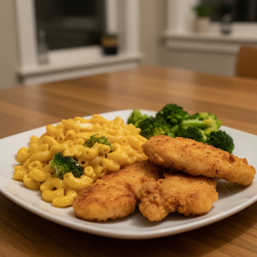 Chicken Tenders with Cheesy Pasta and Broccoli