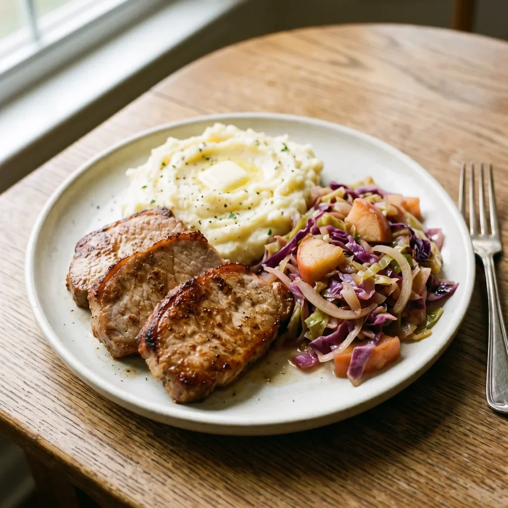 Pan-Seared Pork with Apple Cabbage and Mashed Potatoes