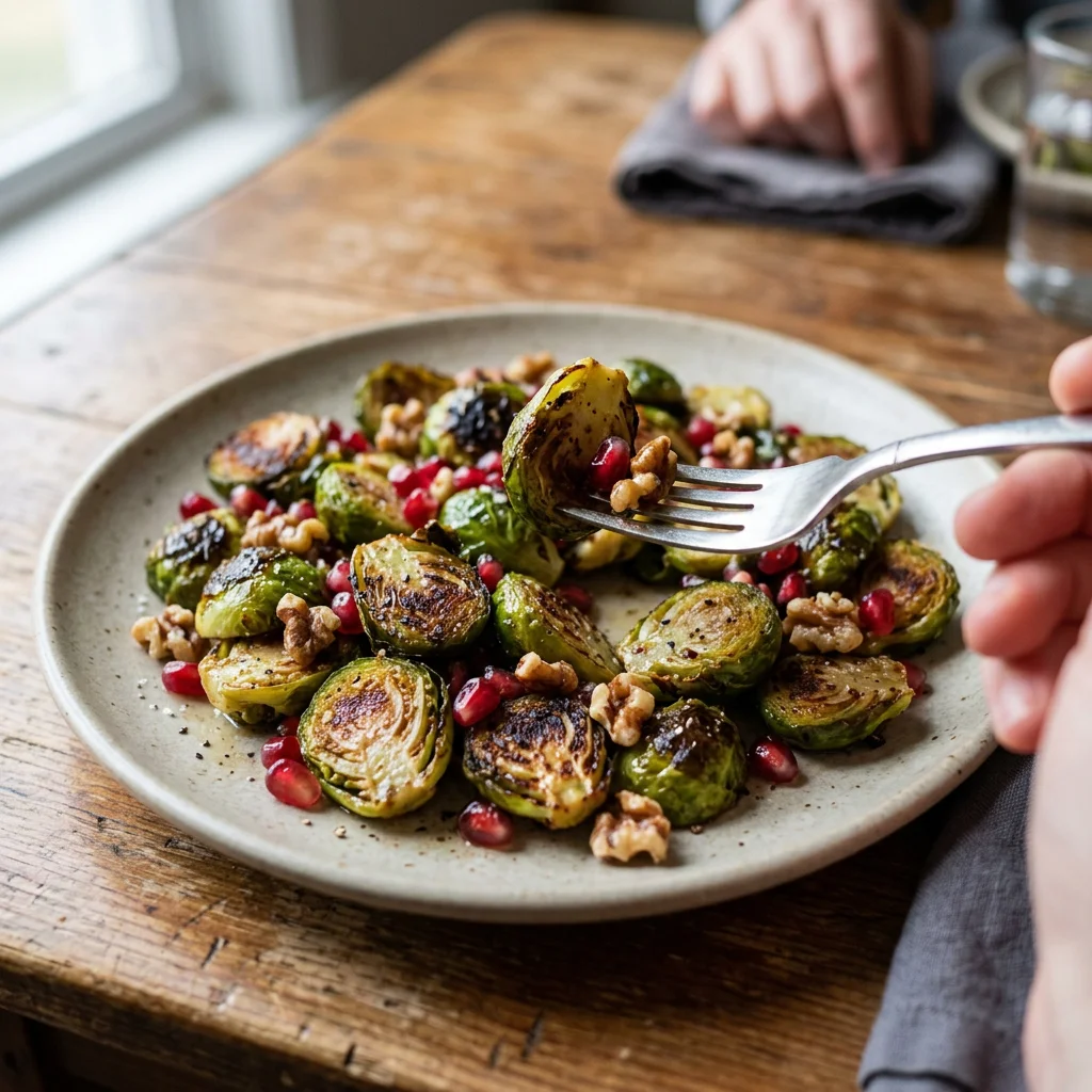 Roasted Brussels Sprout Pomegranate Walnut Salad