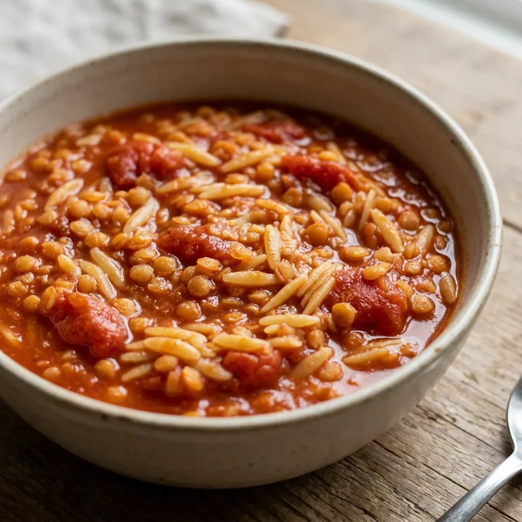 Tomato Red Lentil Orzo Stew