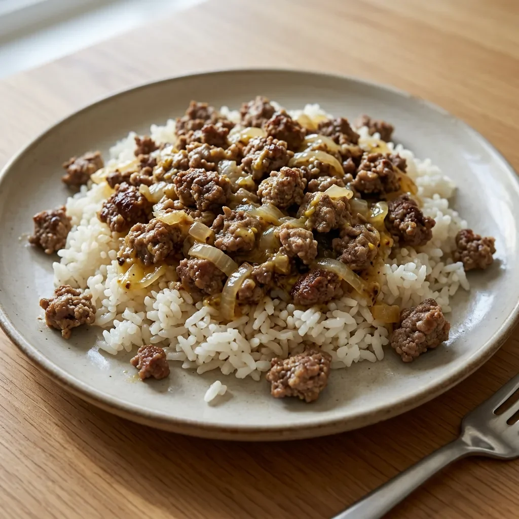 Beef Patty Mustard Onion Rice Skillet