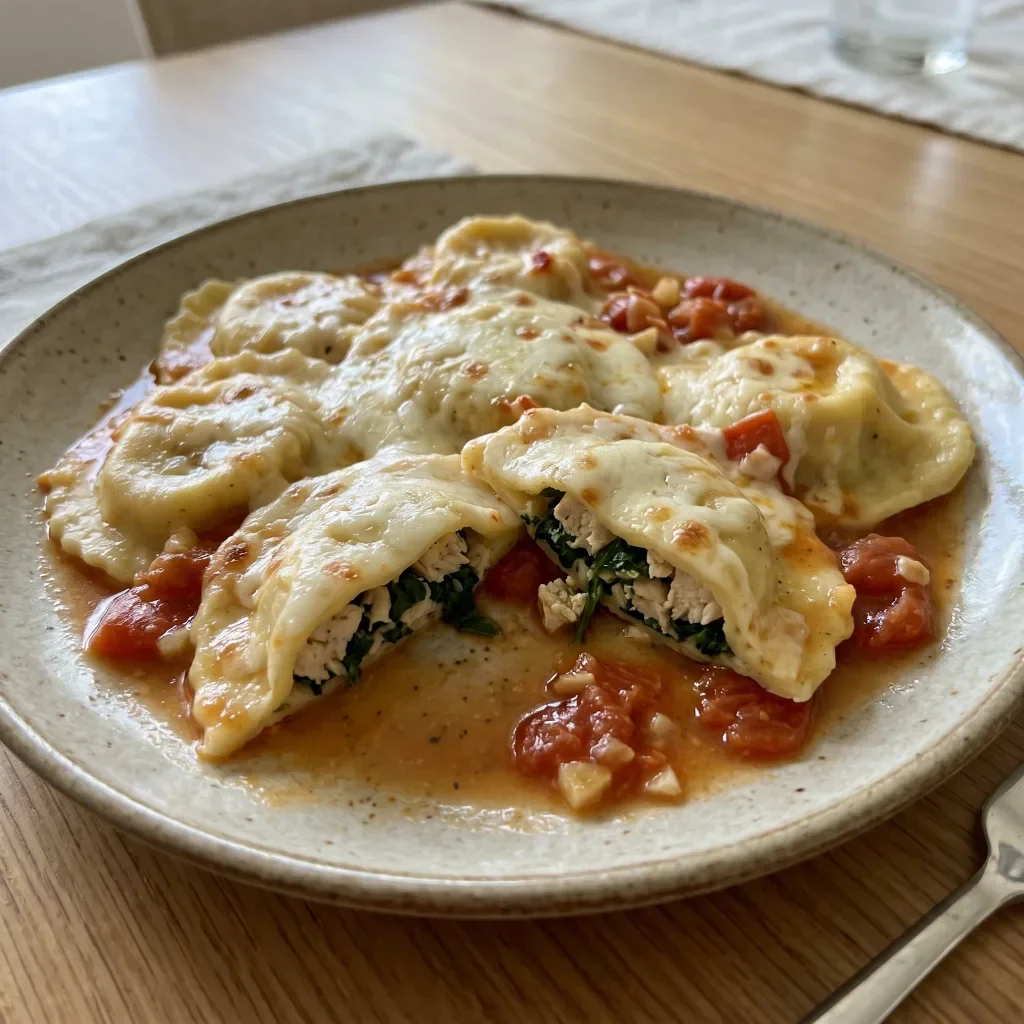 Handmade Chicken Spinach Ravioli Bake