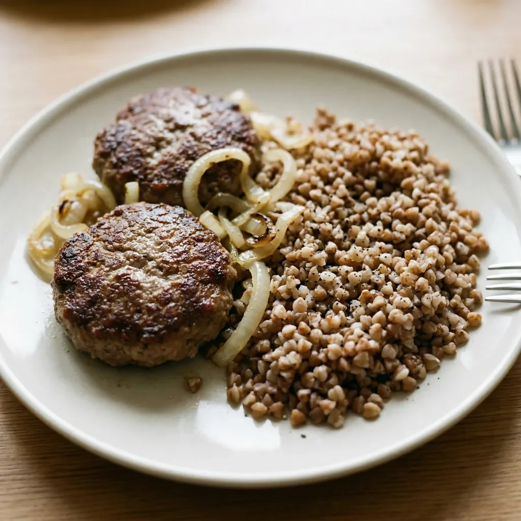 Buckwheat with beef patties and onion