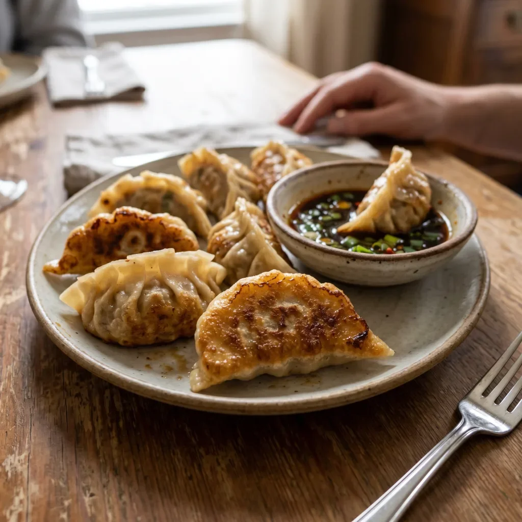 Pan-Fried Dumplings with Soy Vinegar Dip