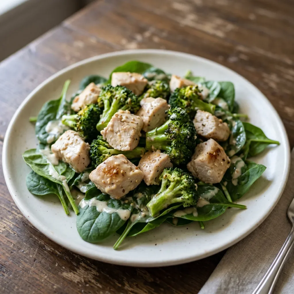 Warm Broccoli Chicken Tahini Salad