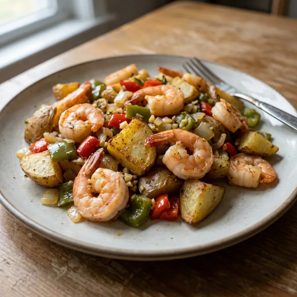 Shrimp potato hash with bell pepper