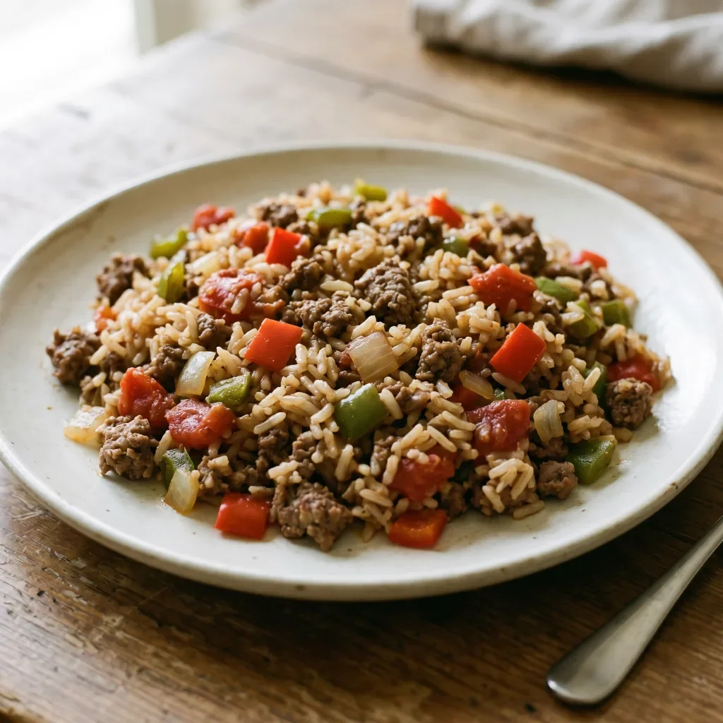 Beef and bell pepper rice skillet