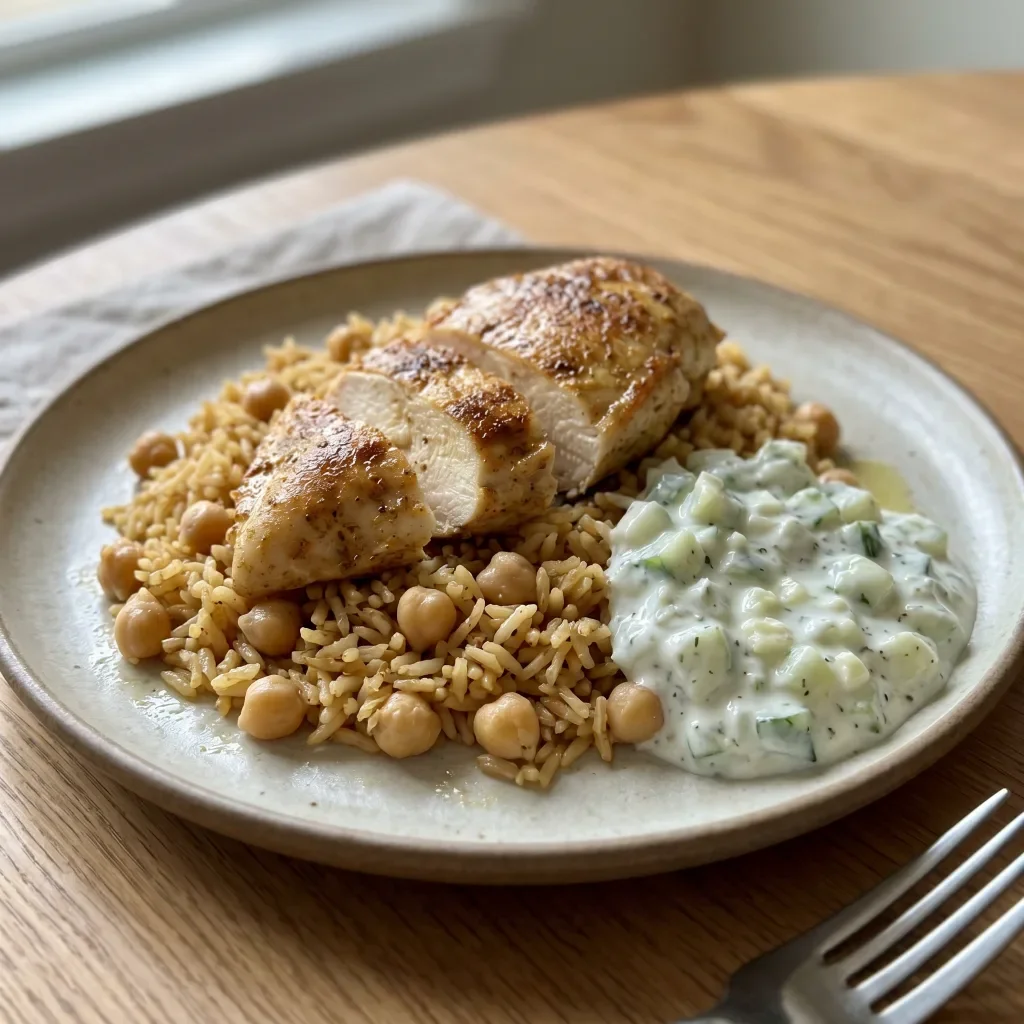 Middle Eastern Chicken with Chickpea Rice and Cucumber