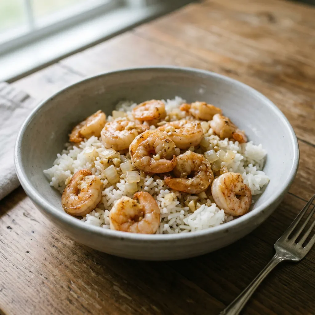 Garlic butter shrimp rice bowl
