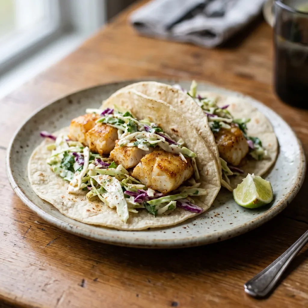 White Fish Tacos with Lime Cabbage Slaw