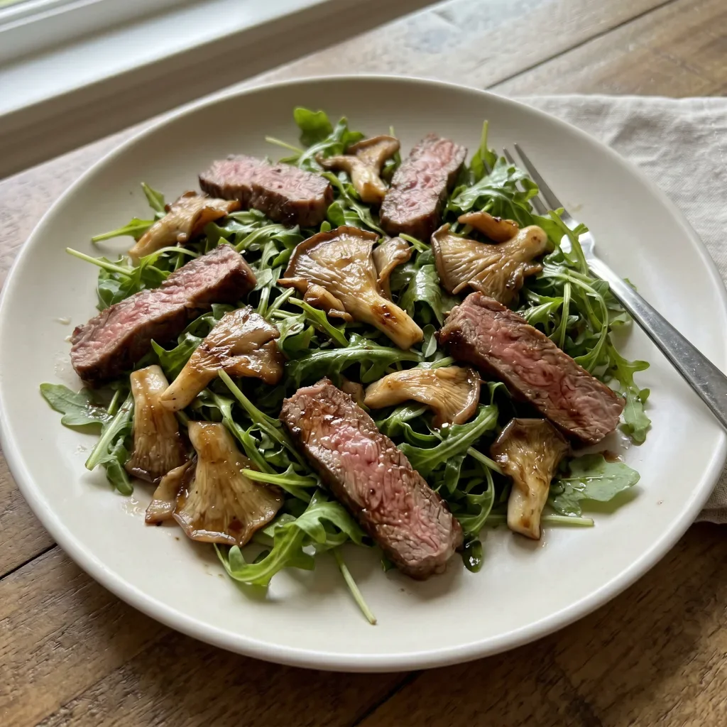 Warm Steak Oyster Mushroom Arugula Salad