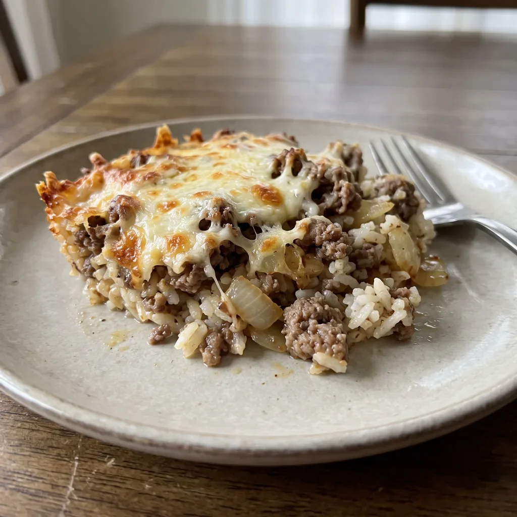 Beef Onion Rice Mozzarella Bake