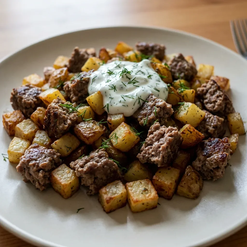 Beef Patty Potato Skillet with Garlic Yogurt