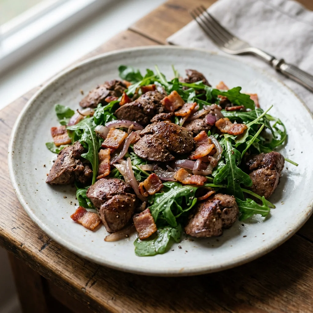 Warm Chicken Liver Bacon Arugula Salad