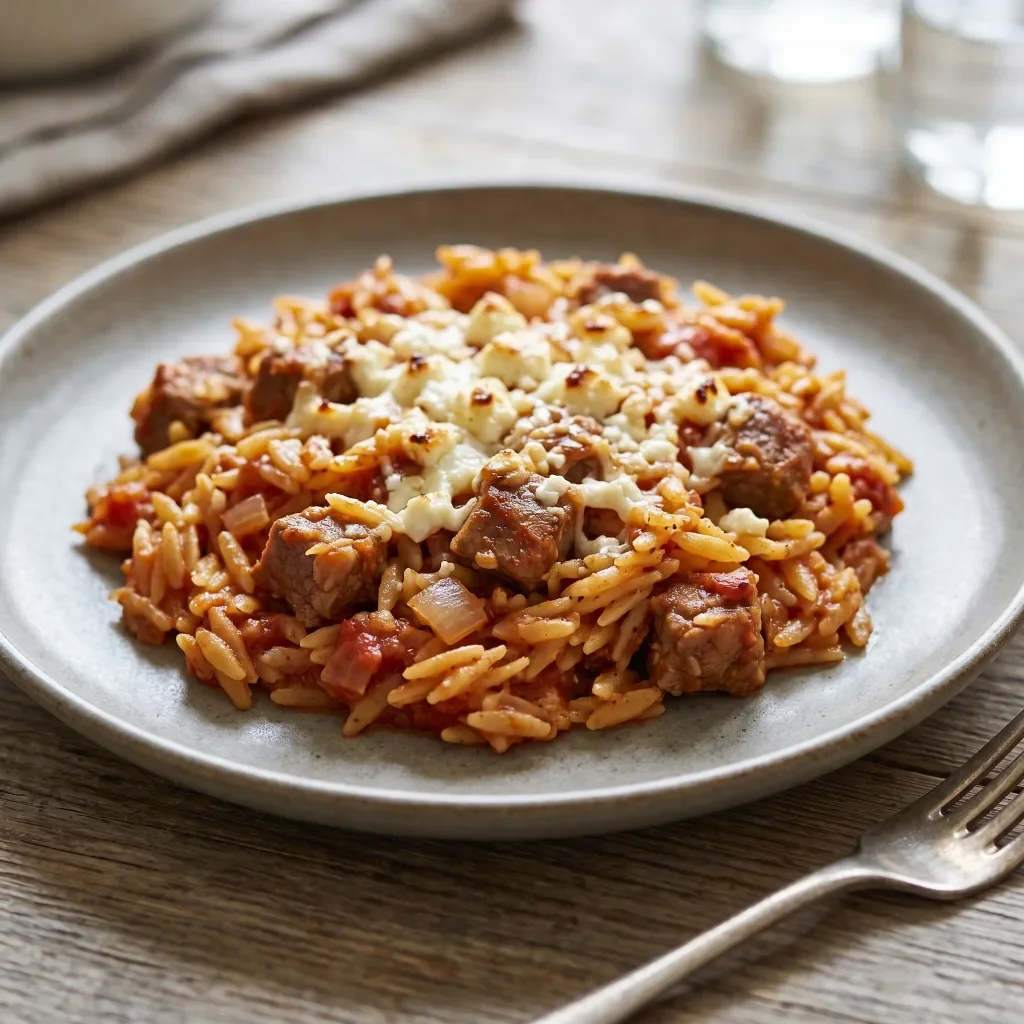 Lamb Tomato Orzo Bake with Feta