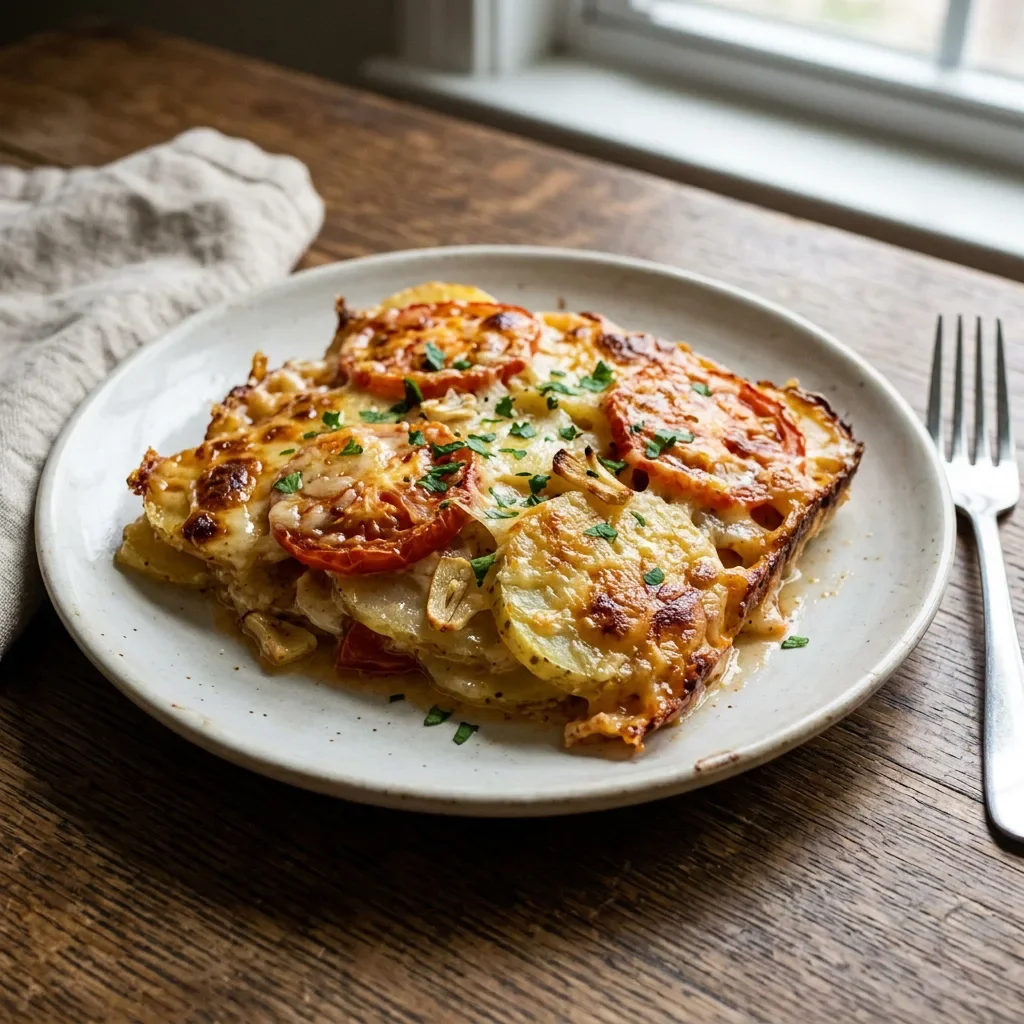 Garlic Tomato Parmesan Potato Gratin