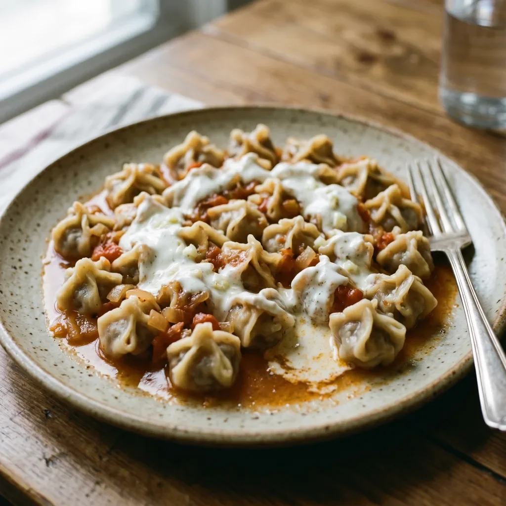Mini Beef Manti with Garlic Sour Cream