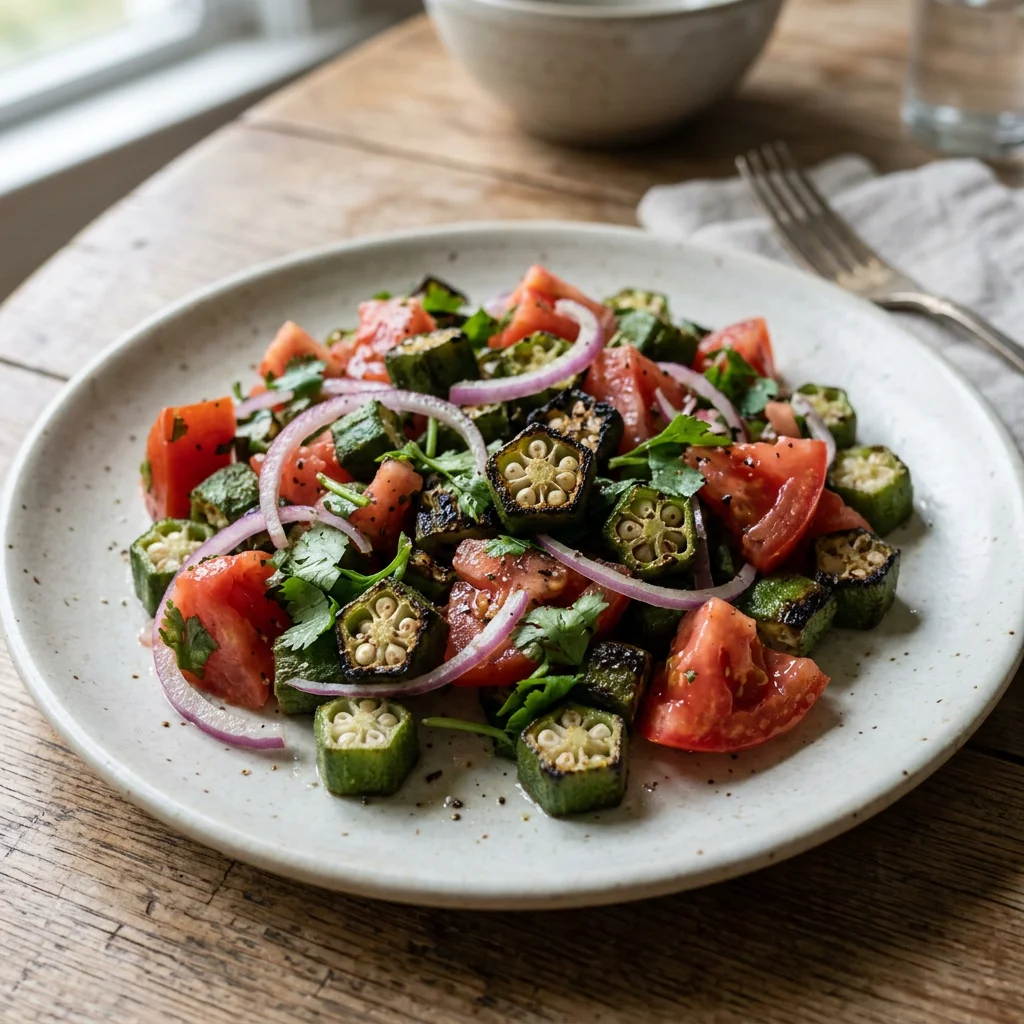 Grilled Okra Tomato Cilantro Salad