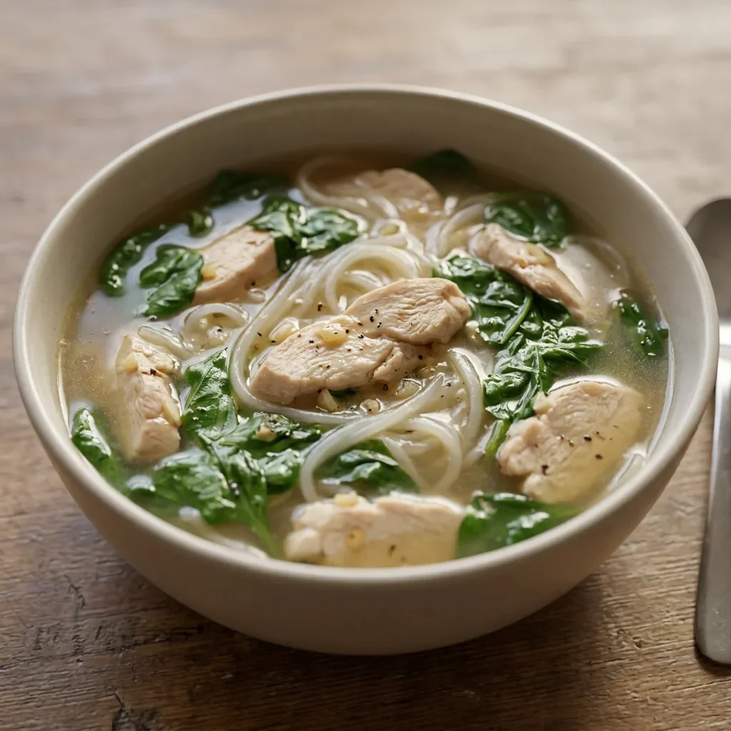 Chicken Rice Noodle Spinach Soup