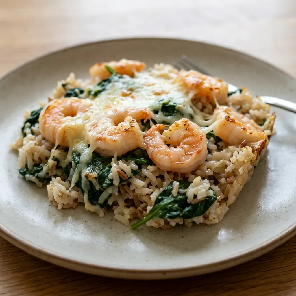 Shrimp Spinach Mozzarella Rice Bake