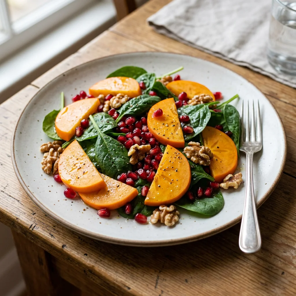Persimmon Pomegranate Spinach Walnut Salad